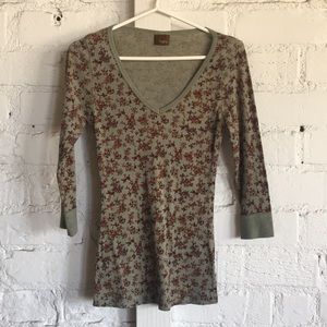 Green Floral Ribbed Fitted V-Neck Shirt